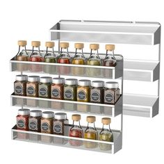 two shelves with spices and condiments on them