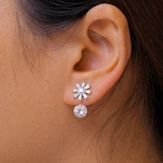 925 Sterling Silver Cubic Zirconia 2 In 1 Front Back Flower Design Stud Earrings Set, Double Sided Studs Earrings, Front And Back Earrings This 925 Sterling Silver Cubic Zirconia 2 In 1 Front Back Flower Design Stud Earrings Are Very Shiny, Elegant And Gorgeous. Best Jewelry For Women, Girls To Attend Christmasparties, Weddings Or Any Other Activities. .Crafted : 925 Sterling Silver Rhodium Plated For A Life-Time Luster. Stamped 925, High Polished Finish, Nickel Free. Posts Ensure Earrings Are S Ear Rings For Women Silver, Womens Earrings Studs Silver, Flower-shaped Jewelry With Prong Setting, Silver Flower Earrings With Brilliant Cut Cubic Zirconia, Double S, Opal Solitaire Ring, Earrings Double, Betsey Johnson Earrings, Fancy Earrings