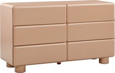 a beige dresser with four drawers on one side and two doors on the other end