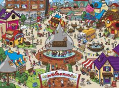 an illustrated map of the amusement park with people walking around and riding on roller coasters