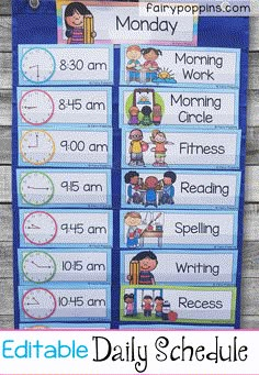 a blue bulletin board with the words daily schedule on it and an image of children in school