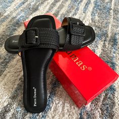 New Pierre Dumas Black Slides, Sandals Size 7.5. These Sandals Are Super Cute And Comfortable With A Cushioned Foot Bed And Buckle Detail. These Will Be Your Go To Sandals For Work, A Day Of Shopping Or A Dinner Date. Same-Day Shipping Is Always My Goal But If Same-Day Shipping Is Not Possible, I Will Definitely Contact You. Regardless, Your Item Will Be Shipped Within 24 Hours. Please Feel Free To Contact Me With Any Questions! Thanks For Looking! Sandals For Work, Work Sandals, Comfortable Wedges Sandals, Boho Wedges, Comfortable Wedges, Black Slides, Tan Sandals, Tan Shoes, Walking Sandals