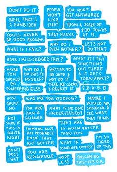 blue speech bubbles with words written in them