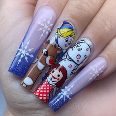 Christmas Nail Designs Rudolph, Rudolph The Red Nosed Reindeer Nail Art, Christmas Nails Rudolph Red Nose, Rudolph Nail Art, Rudolph The Red Nosed Reindeer Nails, Christmas Movie Nails, Nativity Nails, Rudolf Nails