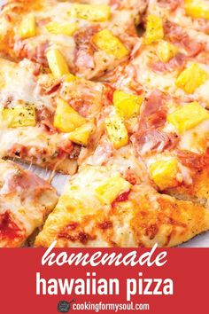 a close up of a pizza with pineapple and ham on it's crust