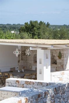 an outdoor dining area with stone walls and tables