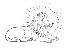 a black and white drawing of a lion laying on the ground with sunbeams above it