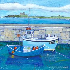 A fine art print of Beadnell harbour fishing boats with Dunstanburgh Castle in the distance. Dunstanburgh Castle, Boat Art, Scene Art, Coastal Prints, Fish Painting, Landscape Pictures, Seascape Paintings, Nature Paintings, Nature Prints