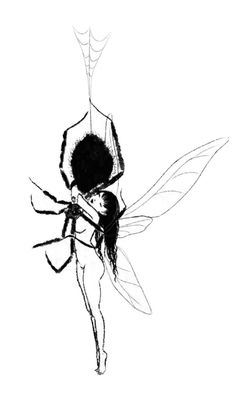 a black and white drawing of a bee with long legs, sitting on top of a spider