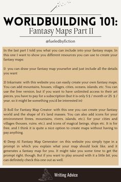 an info sheet with the words world building 101 fantasy maps part ii and instructions for each section