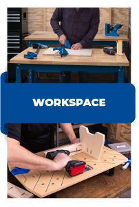 two men working on woodworking with the words workspace above them and below it