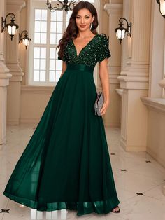 Sequin Patchwork Party Prom Dress, Elegant Formal Evening Wedding Guest Gown, For Graduation, Dinner Dark Green Elegant  Short Sleeve Chiffon Plain A Line Non-Stretch  Weddings & Events, size features are:Bust: ,Length: ,Sleeve Length: Green Dress Formal, Reception Dress Long, Wedding Guest Gowns, Green Formal Dresses, Long Green Dress, Prom Dresses Elegant, Dark Green Dress, Emerald Green Dresses, Classy Prom Dresses