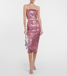 Sequined pencil skirt in pink - Rotate Birger Christensen | Mytheresa Party Midi Skirt In Elastane, Party Elastane Midi Skirt, Elastane Pencil Skirt For Party, Chic Pink Sequin Skirt, Chic Elastane Skirt For Party, Pink Elastane Bottoms For Night Out, Elegant Pink Pencil Skirt For Parties, Pink Midi Pencil Skirt For Night Out, Pink Elastane Skirt For Spring