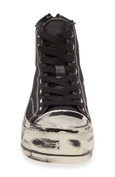 A wavy cupsole platform with hand-stitched details boosts this canvas high-top sneaker given R13's signature grungy appeal with distressing and dirty laces. Logo-embroidered pull tabs and a sidewall patch complete the street-savvy silhouette with a crisp signature. Lace-up style; back zip closure Textile upper and lining/rubber sole Imported Designer Shoes Urban Cotton Lace-up High-top Sneakers, Cotton Sneakers With Canvas Lining For Streetwear, Canvas Platform Sneakers For Streetwear With Boost Midsole, Canvas Platform Sneakers With Boost Midsole For Streetwear, Cotton High-top Custom Sneakers For Streetwear, Casual Distressed High-top Sneakers, High-top Sneakers With Canvas Lining For Streetwear, High-top Cotton Custom Sneakers For Streetwear, Mid-top Streetwear Sneakers With Canvas Lining