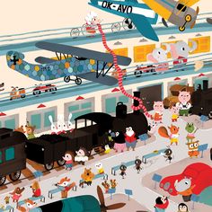 an illustration of many different types of vehicles and people in a building with planes above them