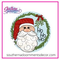 a santa clause with a wreath around it and the words southern mermaids on it