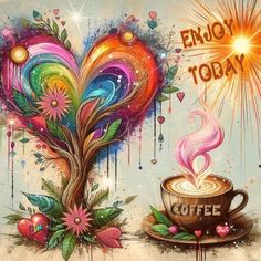 a coffee cup and saucer with the words enjoy today written on it in bright colors