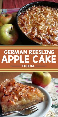 german riesling apple cake on a plate with apples in the background and text overlay that reads, german riesling apple cake