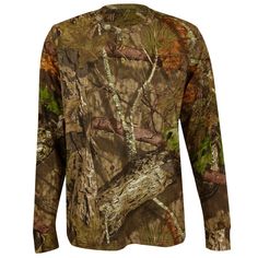 a camo shirt with long sleeves and trees on the chest, in front of a white background