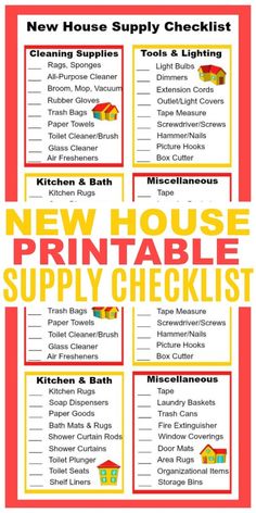 the new house printable supply checklist is shown in red, yellow and white