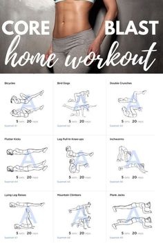 the core blast home workout poster shows how to do it in less than 30 minutes