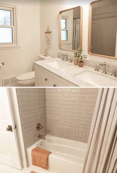 before and after pictures of a bathroom remodel with white fixtures, gray tile