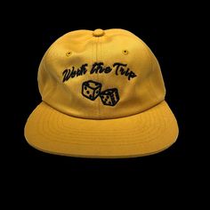 "Worth The Trip" Is A Unstructured, Super Comfy Strap Back Cap With The No Dice Logo Embroidered On The Front. Vintage Yellow Snapback Trucker Hat, Vintage Yellow Snapback Baseball Cap, Retro Yellow Baseball Cap, Vintage Yellow Baseball Cap Trucker Hat, Retro Yellow Trucker Hat With Curved Brim, Vintage Yellow Trucker Baseball Cap, Yellow Casual Trucker Hat With Flat Bill, Retro Yellow Curved Brim Trucker Hat, Yellow Cotton Snapback Baseball Cap