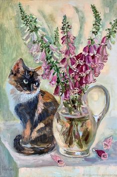 a painting of a cat sitting next to a vase with flowers in it