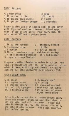 an old recipe book with instructions on how to make chili rellend in it