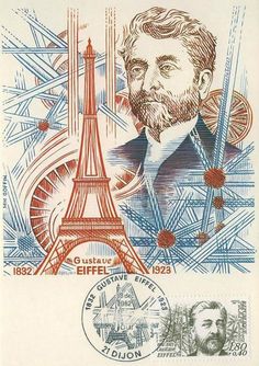 a stamp with an image of a man in front of the eiffel tower