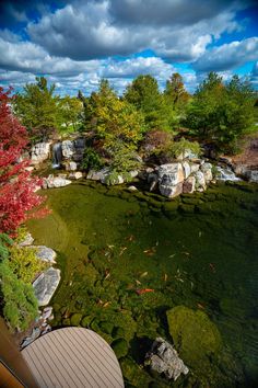 an aerial view of a pond surrounded by rocks and trees