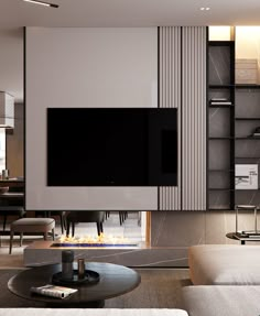 modern living room with fireplace and tv on the wall in black and white color scheme