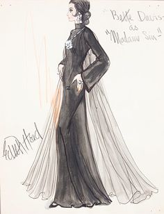 Edith Head sketch for Bette Davis as Madame Sin (1972 ABC TV Movie) Grace Kelly White Dress, Theatrical Poses, Cinema Costume, Head Sketches, Sketches Watercolor, Costume Sketches