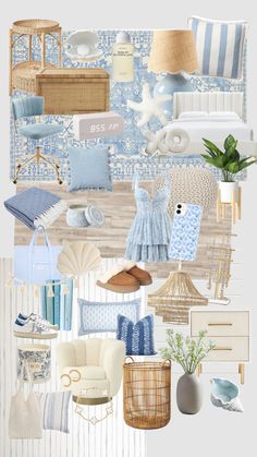 a collage of blue and white furniture