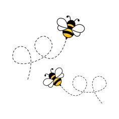 two bees flying through the air with dotted lines