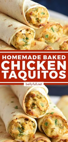 homemade baked chicken taquitass stacked on top of each other with text overlay