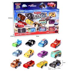 cars and trucks are in the box with each one's own name on it