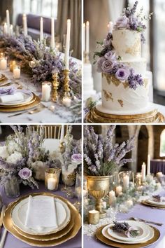 wedding cake with purple flowers and candles