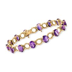 Ross-Simons - C. 1970 Vintage 14.00ct t. w. Amethyst Bracelet in 18kt Yellow Gold. 7.25". C. 1970. Showcasing a divine deep-purple glow, our magnificent Estate collection bracelet wraps the wrist with an incredible 14.00 ct. t. w. oval amethysts that alternate with chic 18kt yellow gold circle links. Safety chain. Box clasp, amethyst bracelet. Exclusive, one-of-a-kind Estate Jewelry. Amethyst birthstones are the perfect gift for February birthdays. Purple And Gold Jewelry, Amethyst Birthstone, February Birthday, Purple Bracelet, Gold Circle, Safety Chain, Box Clasp, Amethyst Bracelet, Estate Jewelry