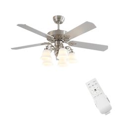 a ceiling fan with five lights and a remote control in front of the light fixture