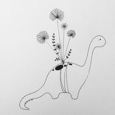 a drawing of a dinosaur with flowers in its mouth