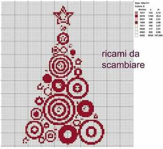 a cross stitch christmas tree with red and white circles on it's bottom half