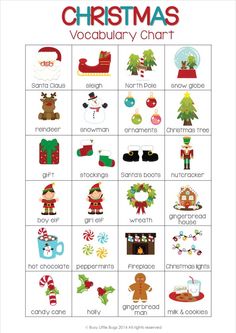 the christmas word family chart is shown in red, green and blue with images of holiday items