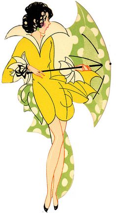 a drawing of a woman holding an umbrella with polka dots on the bottom and yellow dress