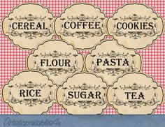 four labels with the words flour, sugar, and tea on them