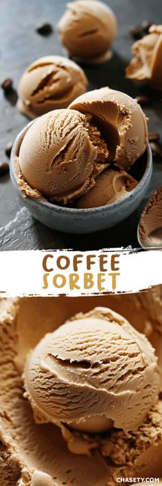 coffee ice cream in a bowl with spoons full of it and the same scoop