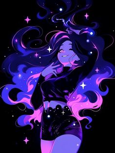 a woman with long hair and stars in the background