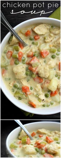 a white bowl filled with chicken and veggie chowee next to a spoon