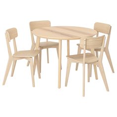 a wooden table with four chairs and one chair on the other side, in front of a white background