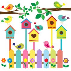 colorful birdhouses and birds on a tree branch in front of a fence with flowers